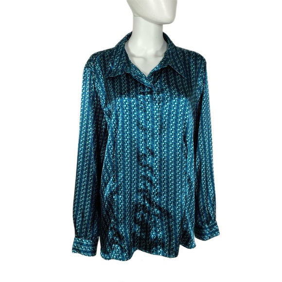 Kathie Lee Satiny Spotted Print Long Sleeve Button Down - Picture 1 of 6